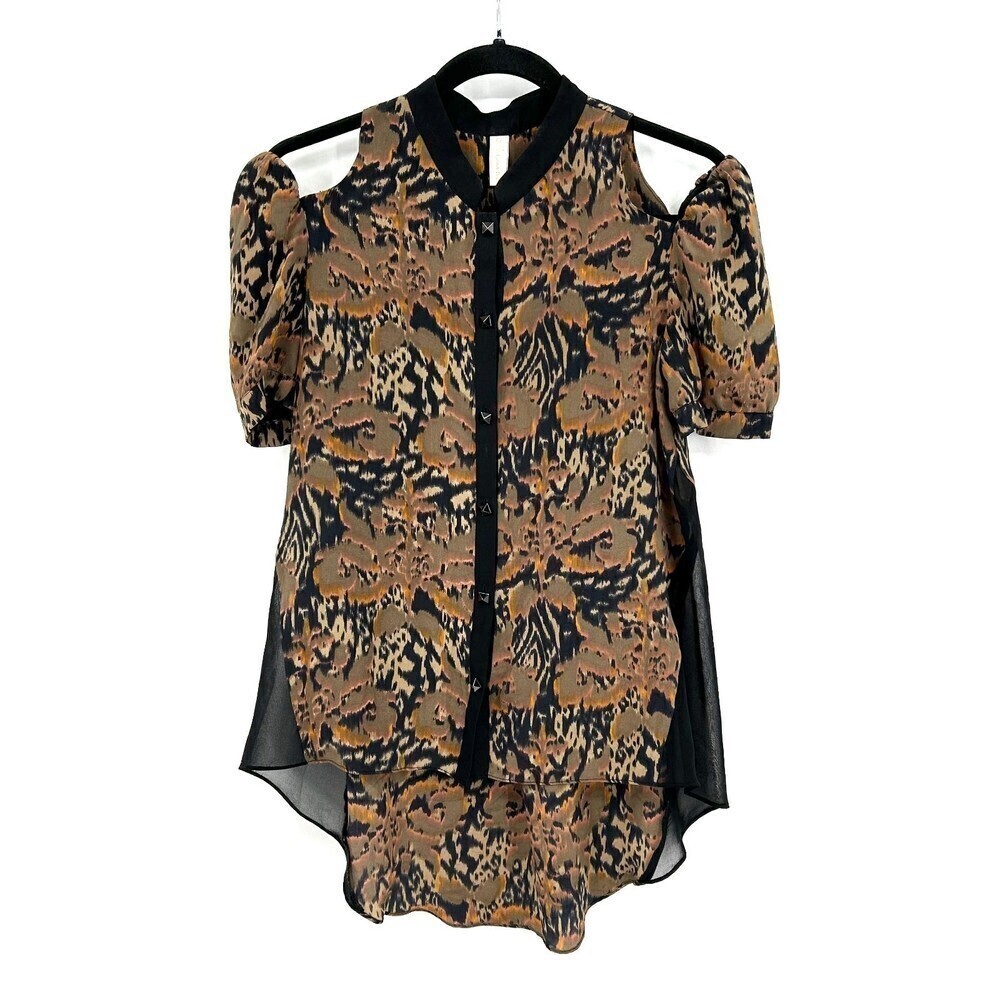 LINE & DOT Revolve Brown Black Square Button Up Shoulder Cut Out Sleeve Small
